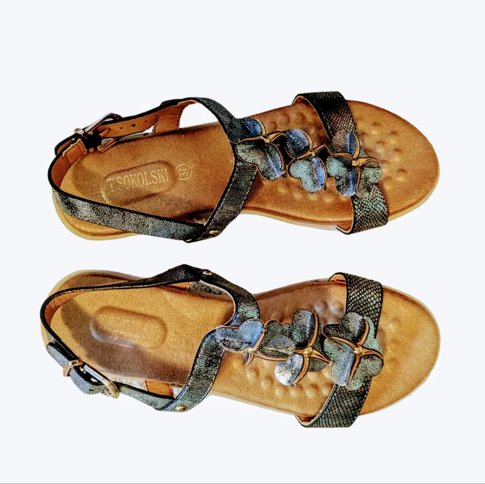 NEW T Sokolski Flower Wedges Halterback Sandals Pewter Buckle Women's sz.37 6.5